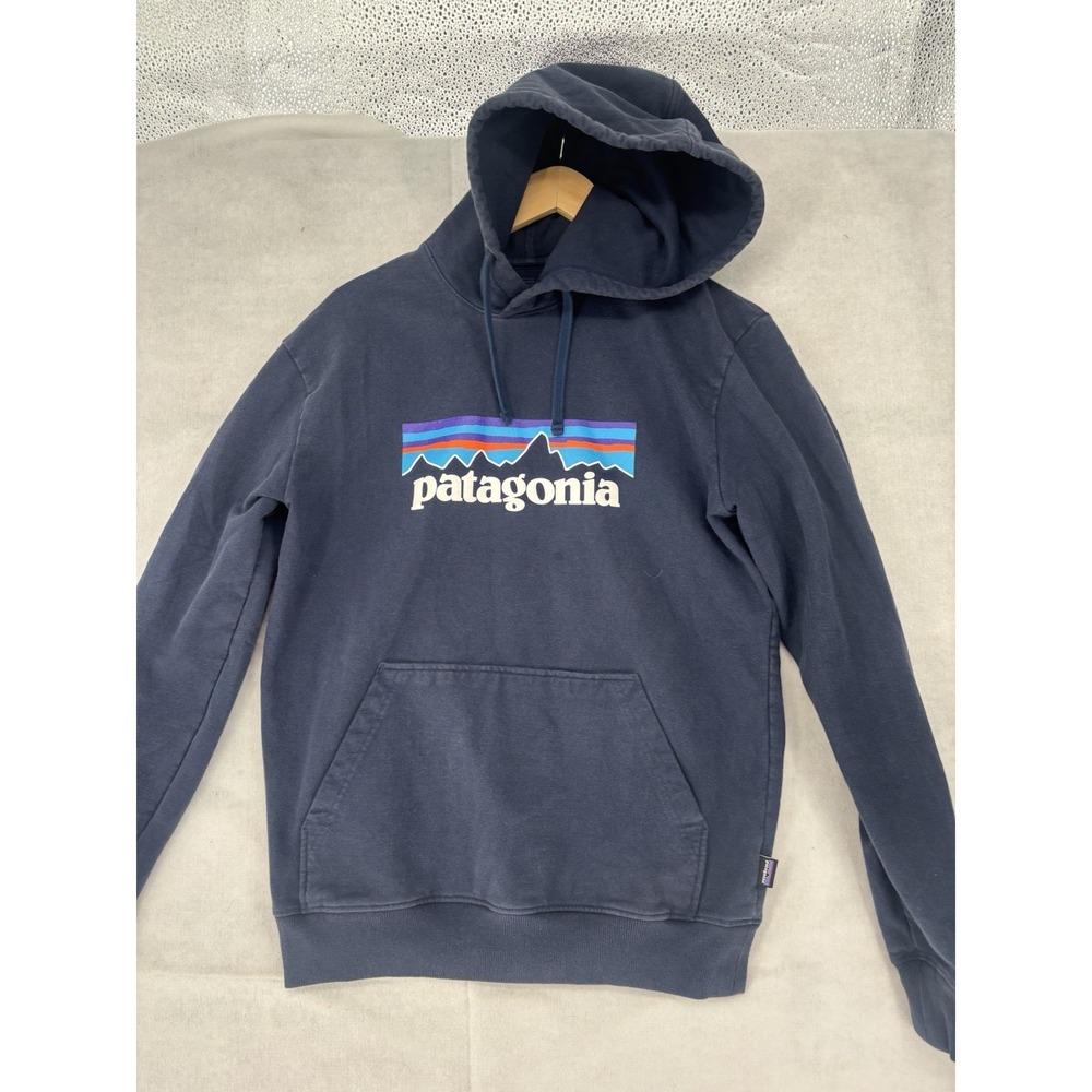 Patagonia Uprisal Hoodie P-6 Hoody Mens Small Navy Blue Graphic Pullover